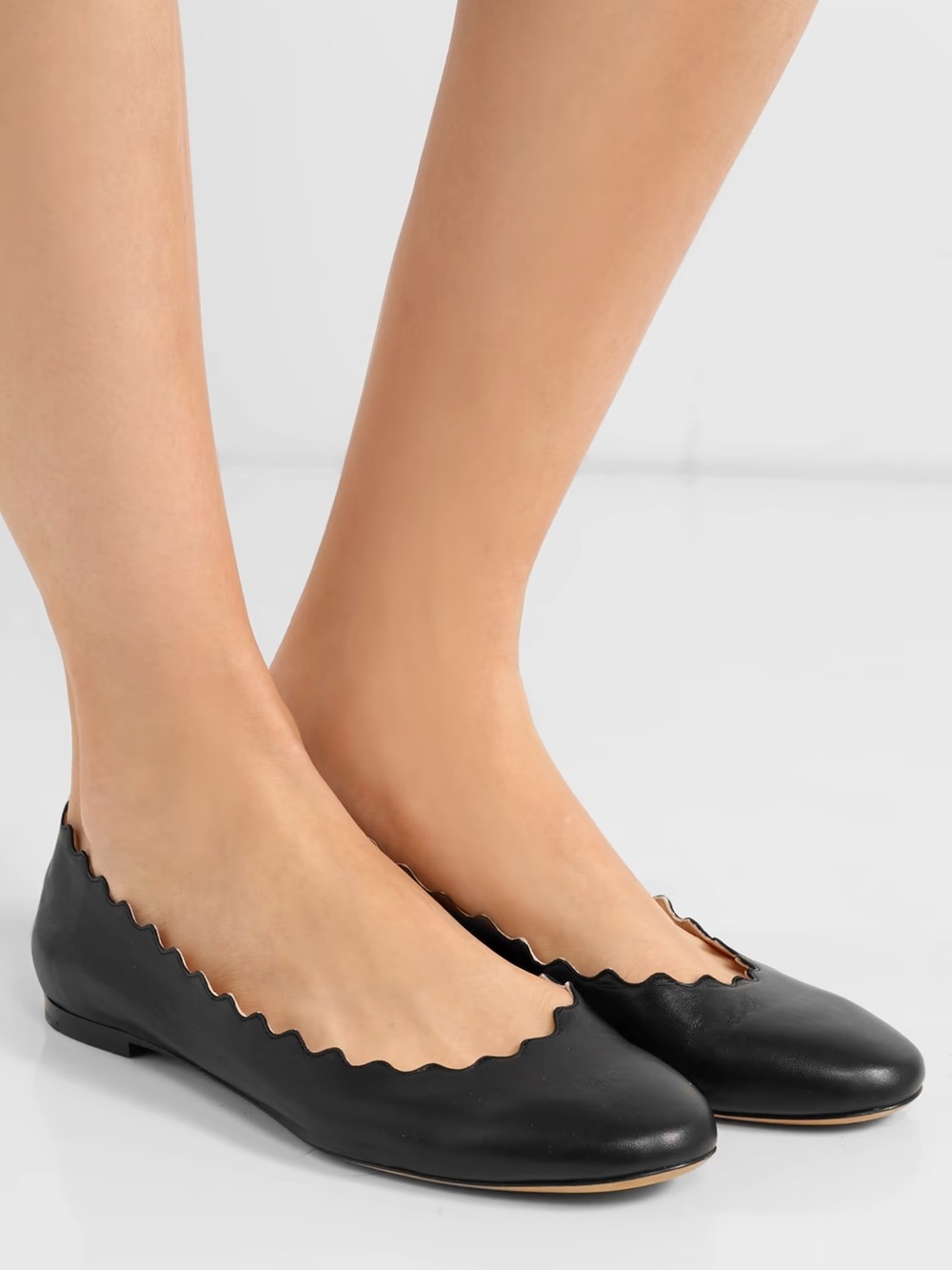 Chloé Lauren Black Leather Ballerina Scalloped Flat 37.5 (7-7.5) NWOT - Picture 2 of 6